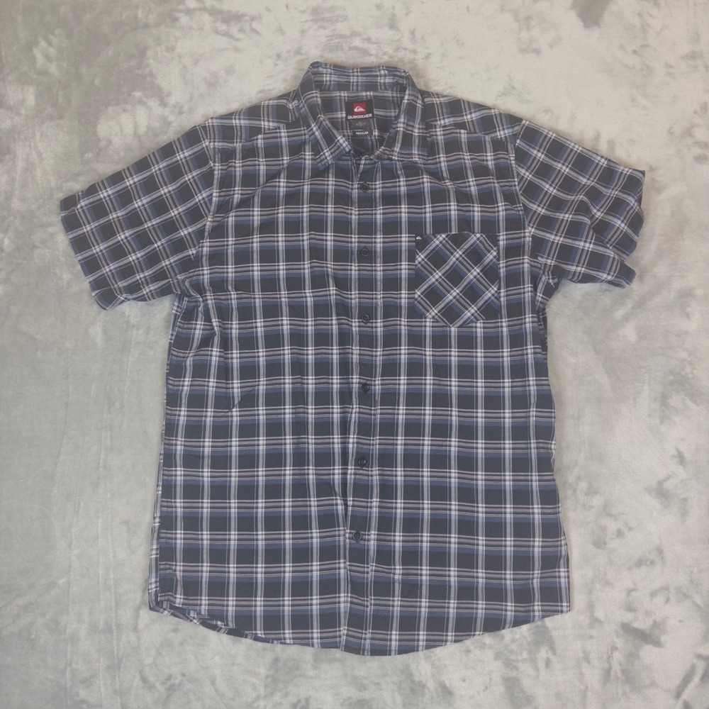 Quiksilver Button Down Shirt Mens Medium Blue Plaid Short Sleeve Regular Surf